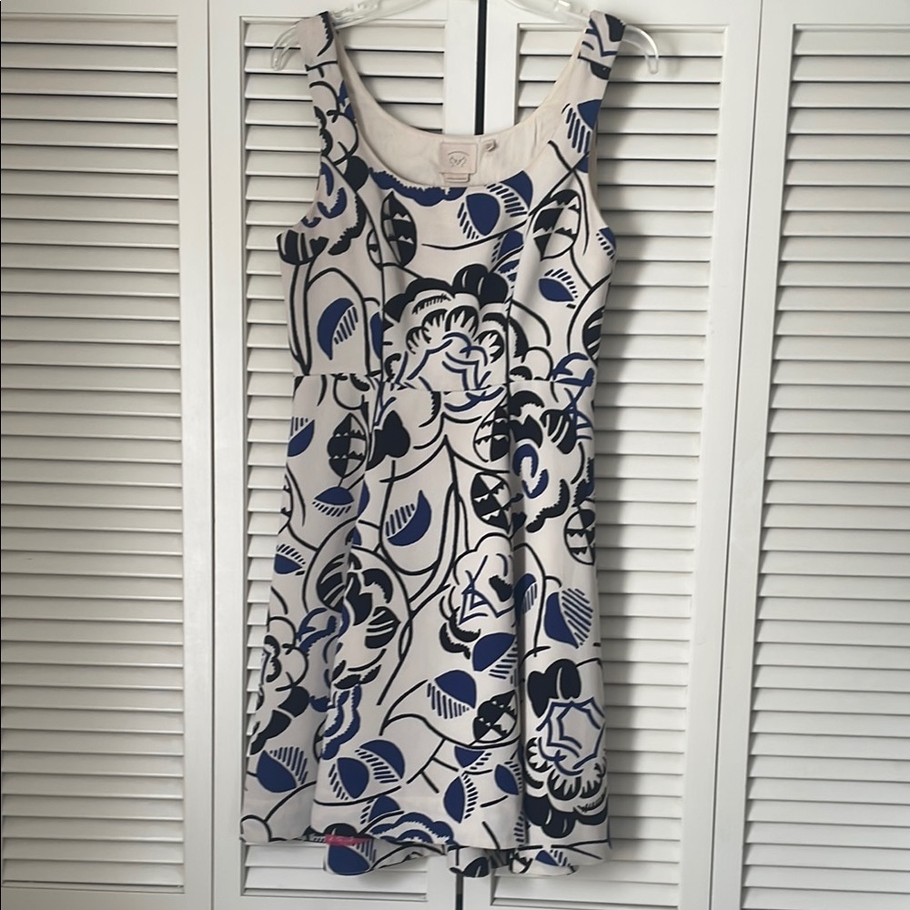 Anthropologie Vanessa Virginia dress Sz 6 white w/ black blue floral side zipper